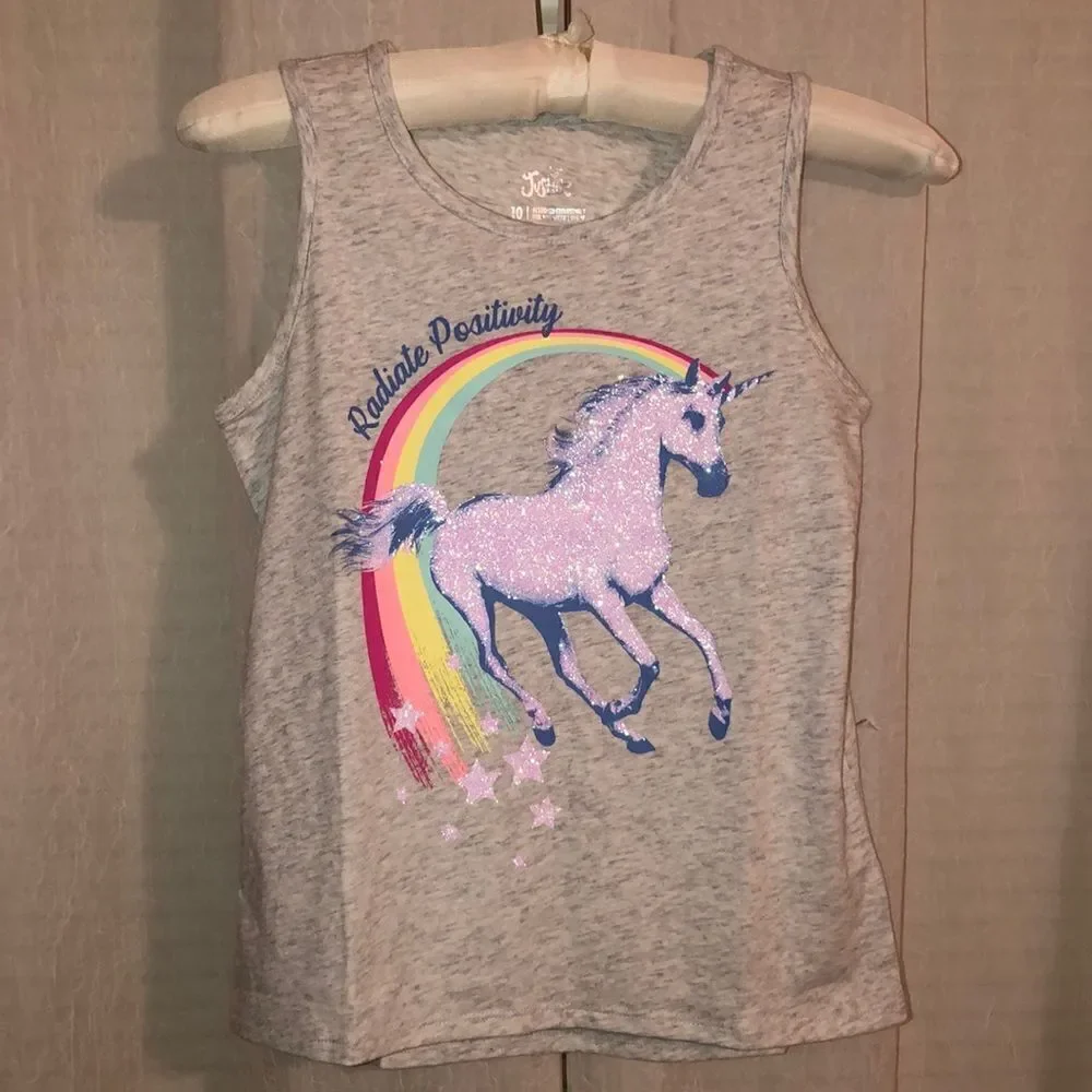 Justice 10 Gray Sleeveless Tank Unicorn Rainbow Glitter Radiate Positivity